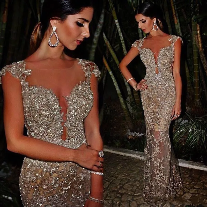 ZH0791X 2019 Sequins Arabic Sheer Crew Neck Mermaid Evening Dresses Cap Sleeves See Through Skirt Sexy Prom Dresses
