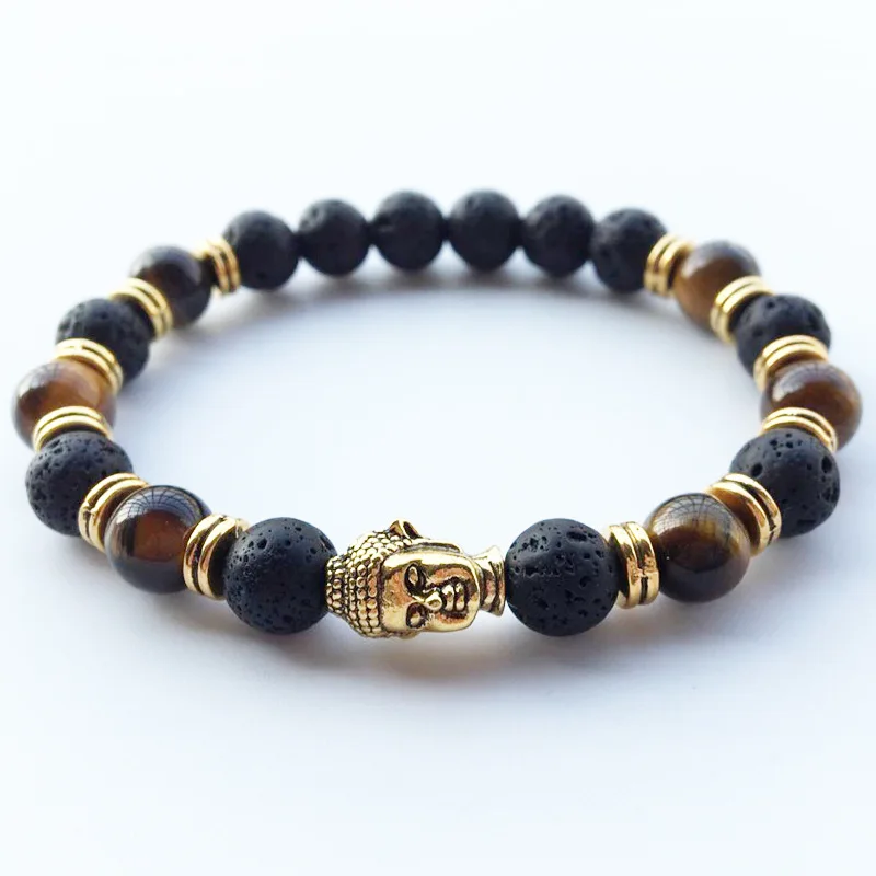 

GC-BC0004 Natural Black Lava Rock Stone Tiger Eye Buddha Head Beaded Elastic Bracelet For Men and Women