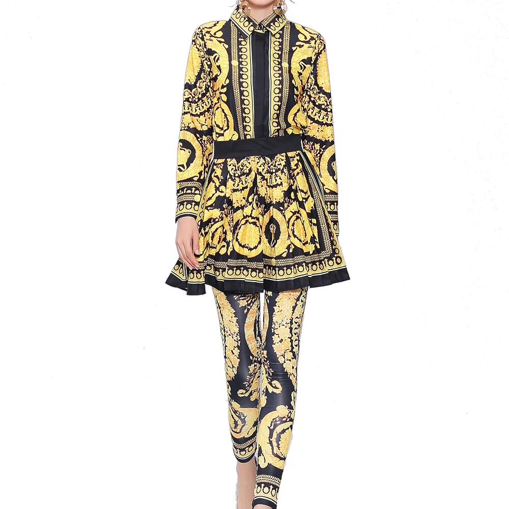

Autumn Europe and America Women Fashion Turn Down Collar Shirt Retro Golden Pattern Print Skirt and Skinny Pants Set Three-piece