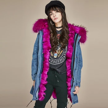 2018 Winter 100%cotton Denim Hooded Real Fur Parka Women Coat - Buy Big