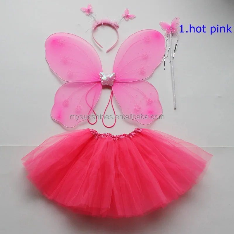 
wholesale three layers tulle hot pink tutu skirt with hot pink butterfly set for fashion angel girls  (60644251451)