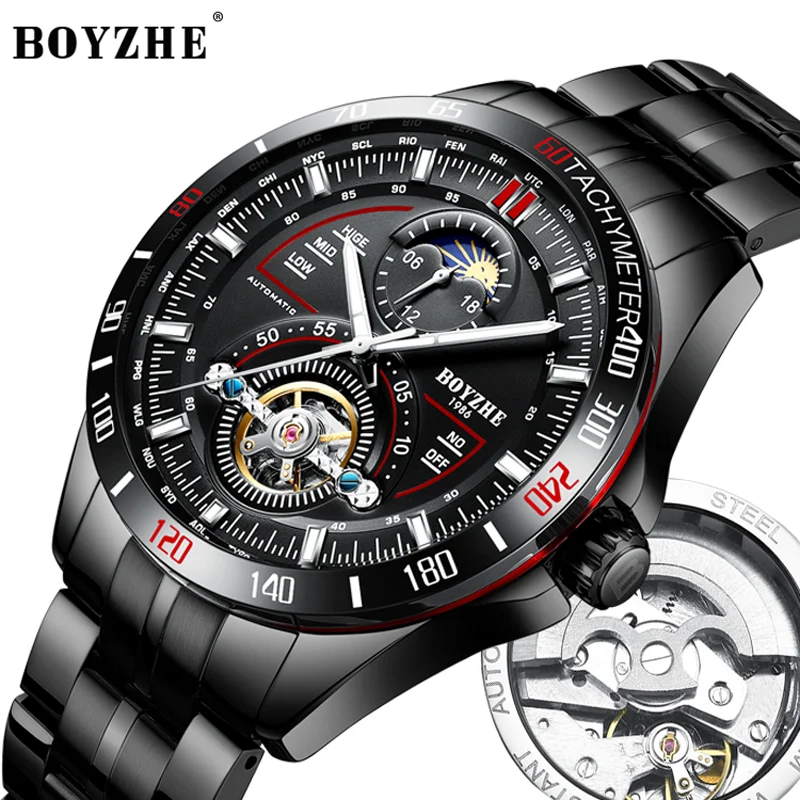 

BOYZHE Luxury Brand Men's Mechanical Skeleton Watch Water Resistant Tourbillon Mens Automatic Watch