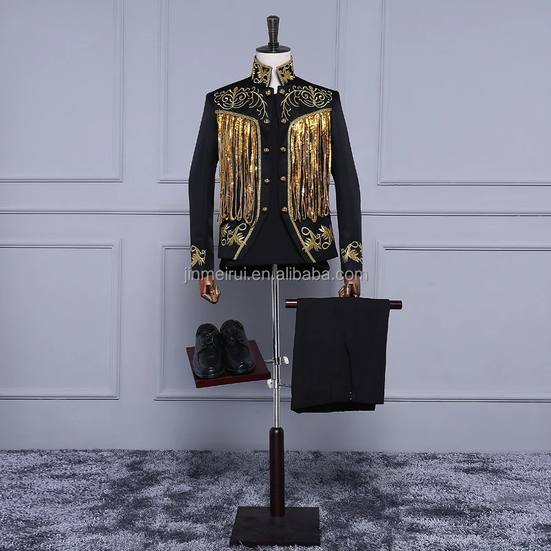 

Golden with pants black 2021 Costume male Tuxedo Suit evening sequins stage singer Ji Yoshio host clothing men suits