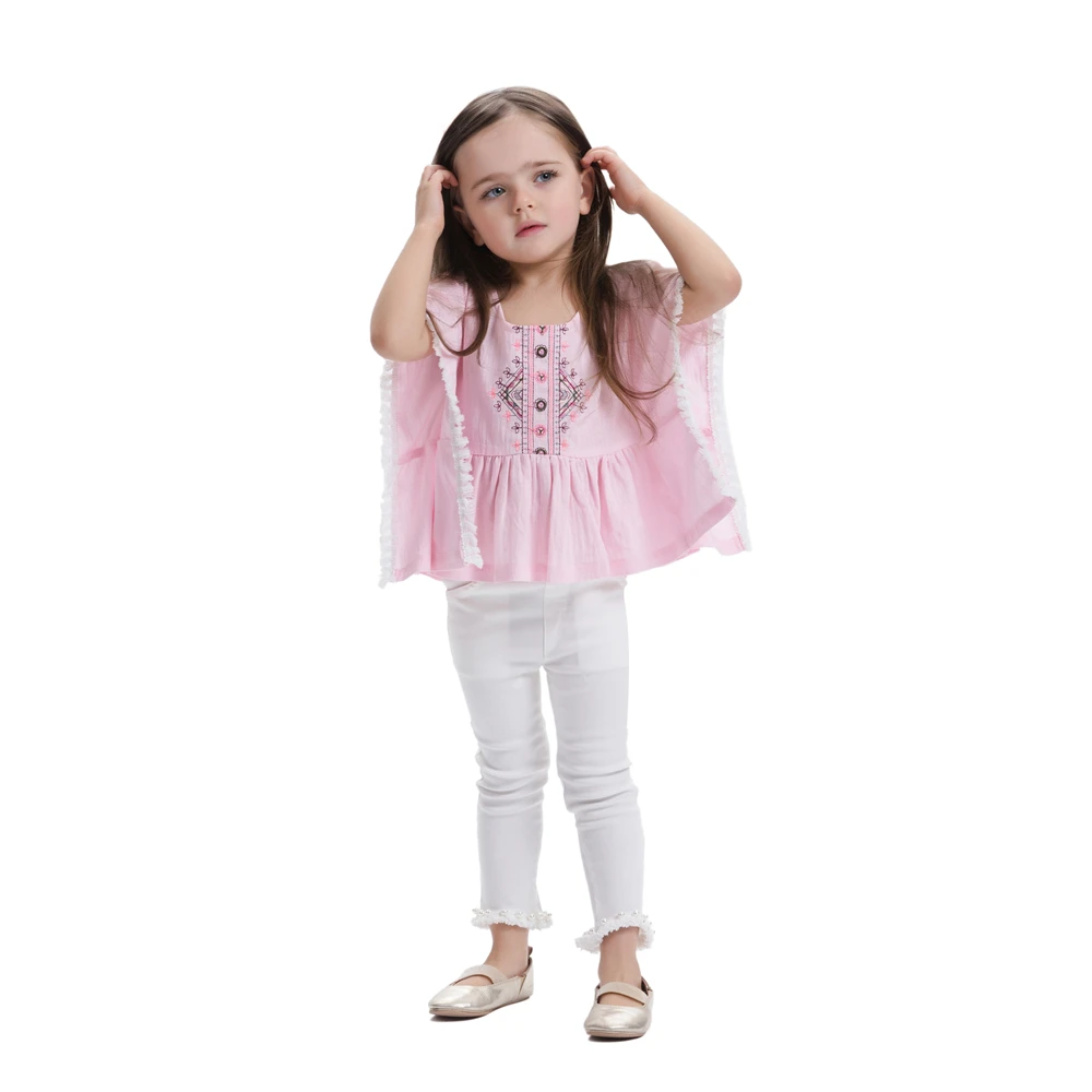 

latest design dropshipper clothing embroidery flutter kimono sleeve littlle girls tops and blouses, Pink