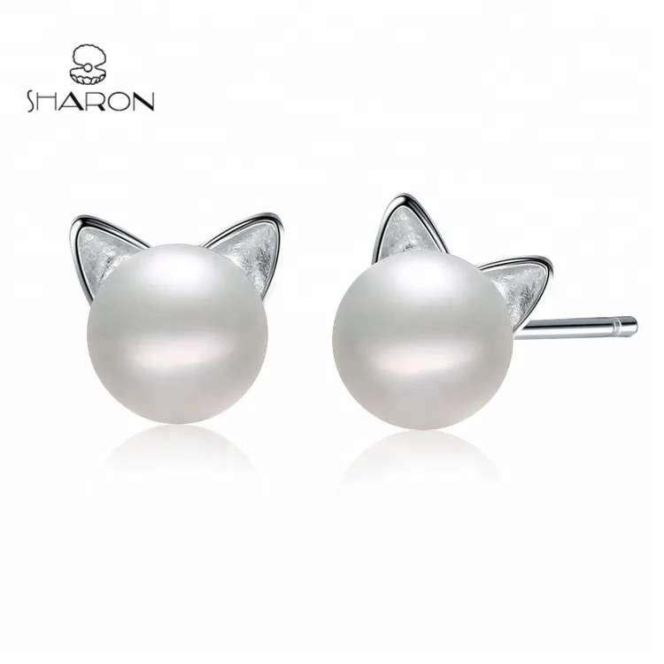 

Lovely Animal Earrings Cat Ears Fashion Earring Freshwater Cultured Pearl Stud Earrings Sterling Silver Women 2018