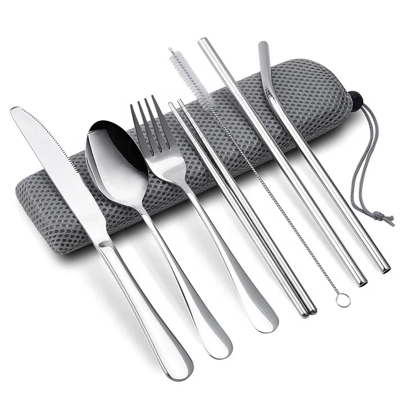 

Travel Utensils Upgraded Reusable Portable Travel Cutlery Set 9-Piece including Knife Fork Spoon Chopsticks Straw Brush, Sliver