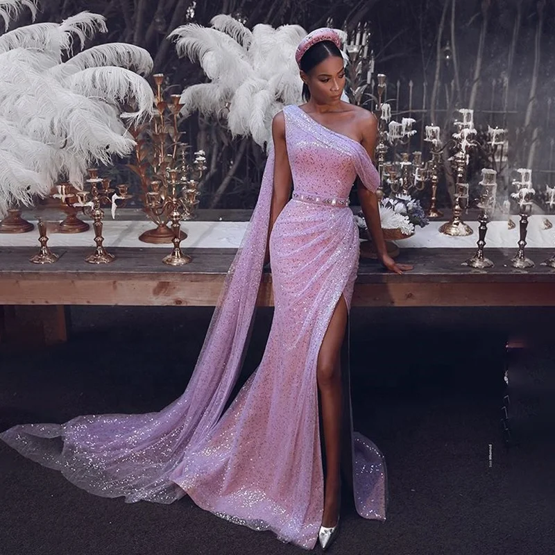 2019 Latest Pink One Shoulder Sequined Evening Dress Mermaid Party Dress