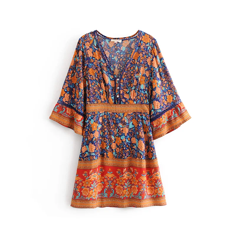 

Bohemian style good quality long flare sleeve floral printed women summer short dress