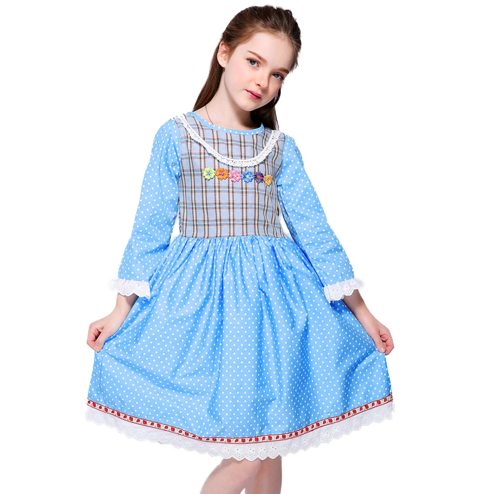 

Kseniya Kids Plaid Dot Lace Applique Girls Long Sleeve Floral DressesTrendy Toddler Girl Clothes, Sky blue