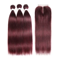 

99J/Burgundy Red Color Straight Human Hair Bundles With Closure 4*4