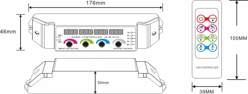 12V 24V 4 digit display 5A led strip RGBW controller for 5050 RGBW LED strip with 8 key rf touch remote