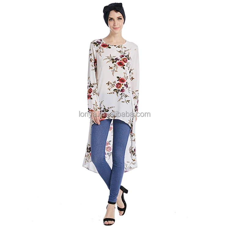 

Fashion flower printed muslim beautiful women blouse, Black,white,khaki