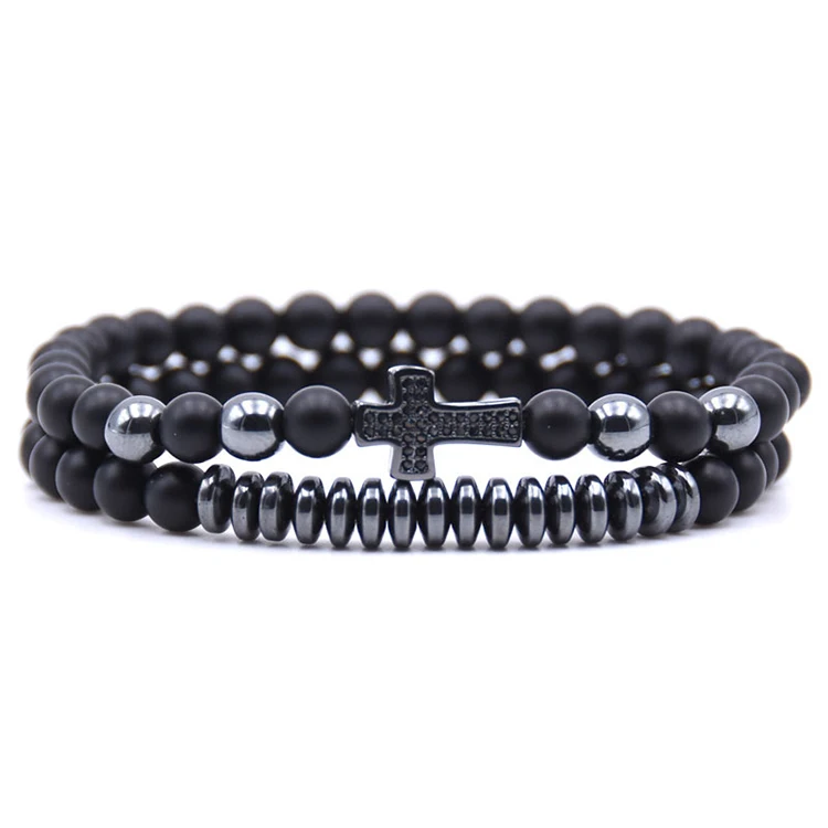 

2Pcs/set Vintage Natural Stone Black Beads Bracelet Set For Men Zircon Cross Charm Bracelet Jewelry (KB8030, As picture