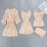 

High Quality Four Piece Lingerie Pijamas Set Silk Satin Sleepwear Pyjamas for Women