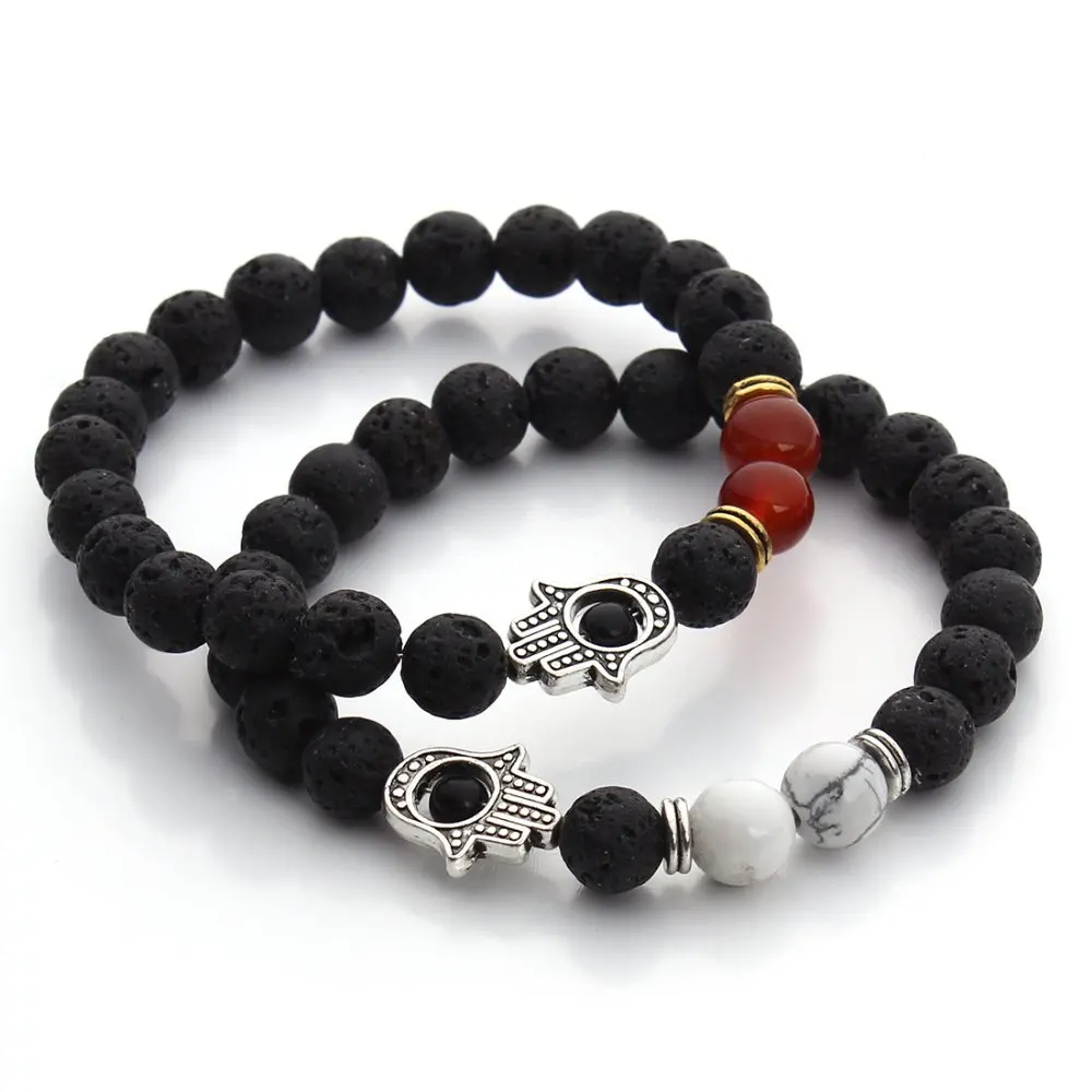 

Fashion men's bracelet lavastone with hamsa charm handmade natural stone bracelet, Gold and silver
