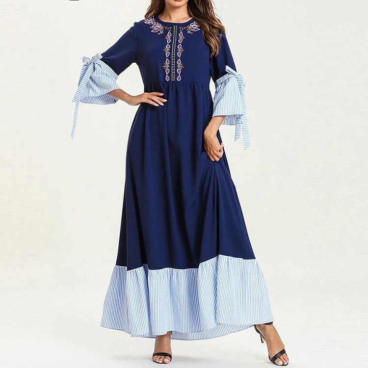 

High fashion navy embroidery ruffle sleeve plus size dresses