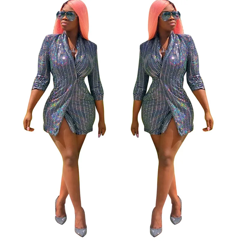 

latest fashion shiny sequins long women blazer T1013