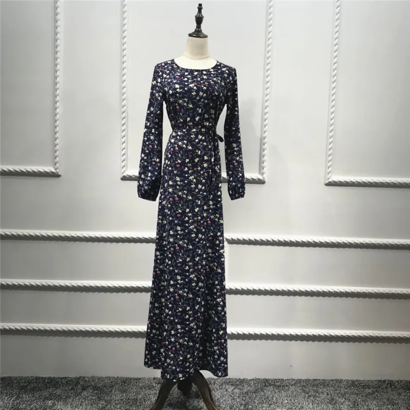 

2019hot sell maxi full flowers islamic clothing high quality crape material slim simple style muslim dresses dubai abaya, Navy