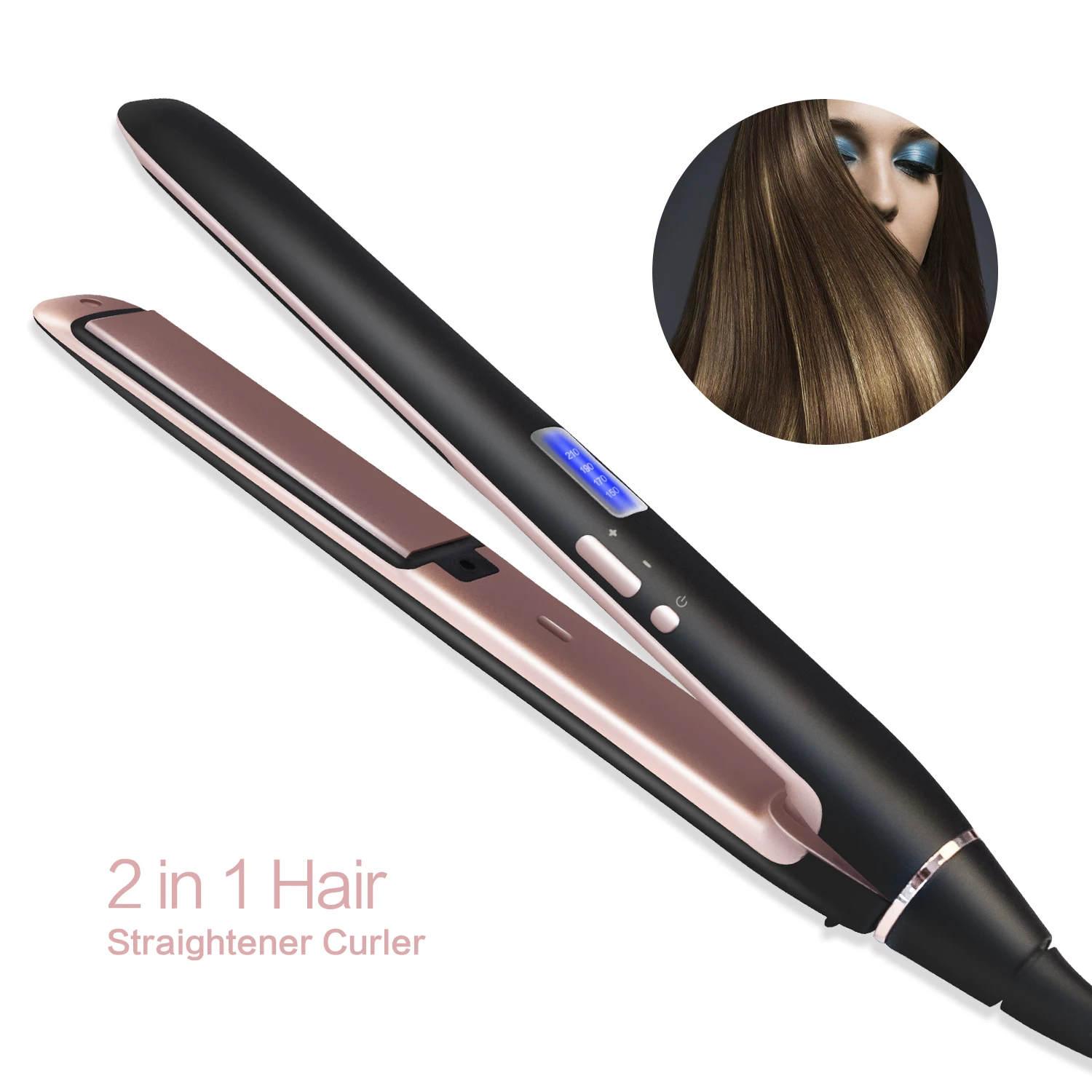 

Professional Hair Straightener Curler Hair Flat Iron Negative Ion Infrared LED Display Hair Straightening Curling Iron, Black+gold