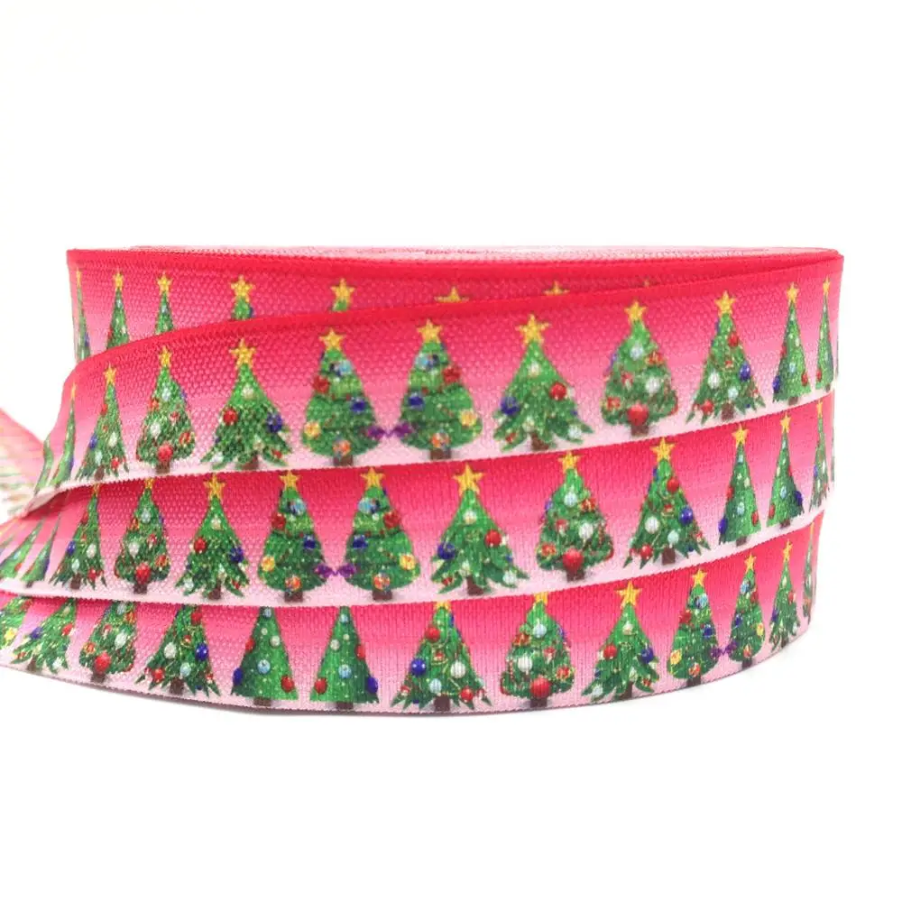 

High Quality Christmas Tree Print Fold Over Elastic 100 yards/lot Wholesale 5/8" FOE Ribbon Webbing for Girl Hairband Accessory