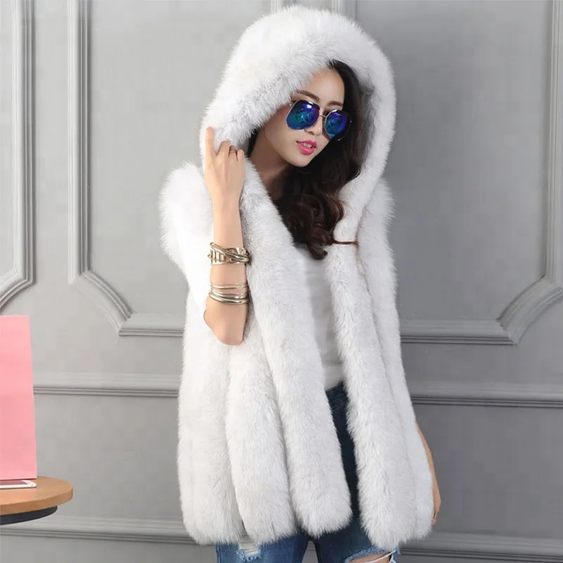 

2018 Wholesale Hot Fashion Winter Coat Women Grey Fur Hood Coat With Fur Ladies jackets Faux Fur Vest Womens