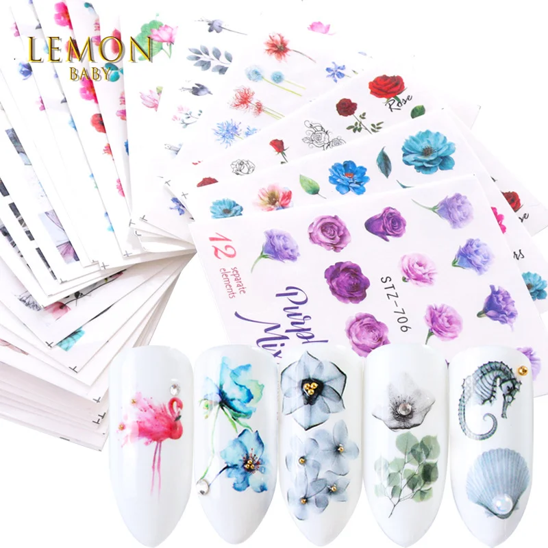 

flowers cute static korean nail sticker Color rose water transfer printing nail sticker, Colorful