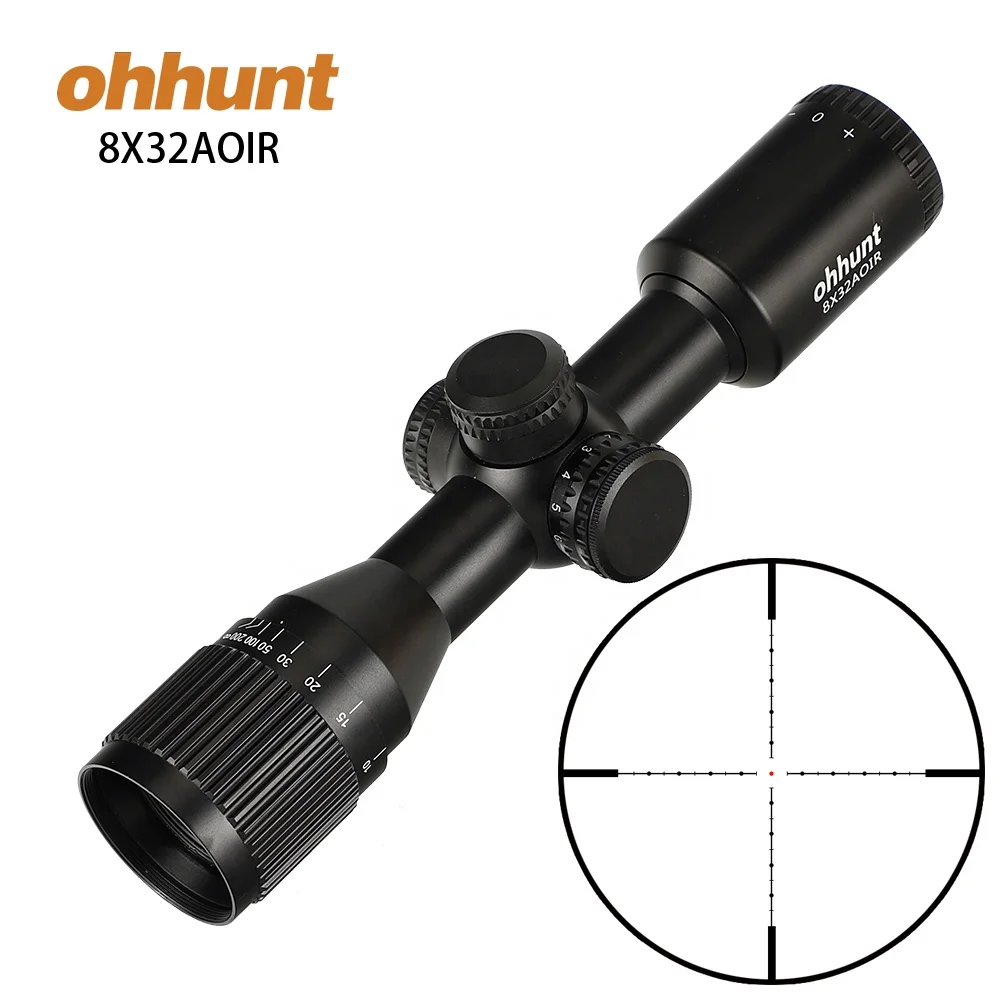 

Ohhunt 8x32 AOIR Hunting Tactical Compact Riflescope Red Green Illuminated Reticle Turrets Reset Gun Scope, Black