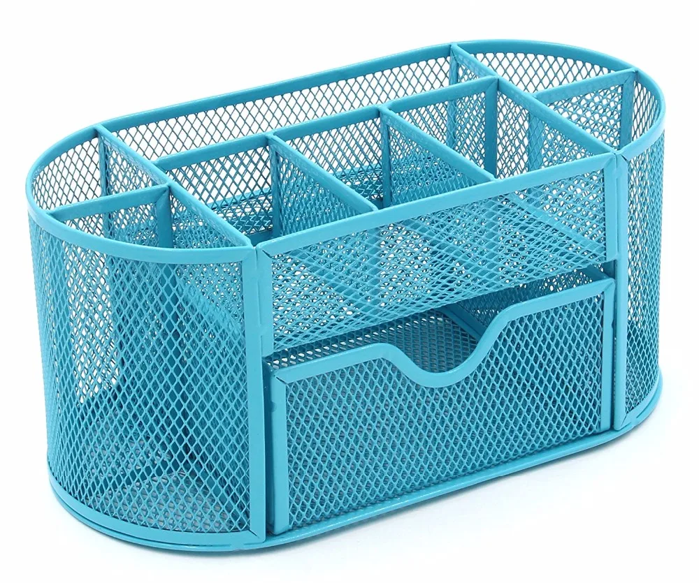 
Space Saving Black 8 Compartment Office School Supply Desktop Metal Wire Mesh Organizer with Drawer 