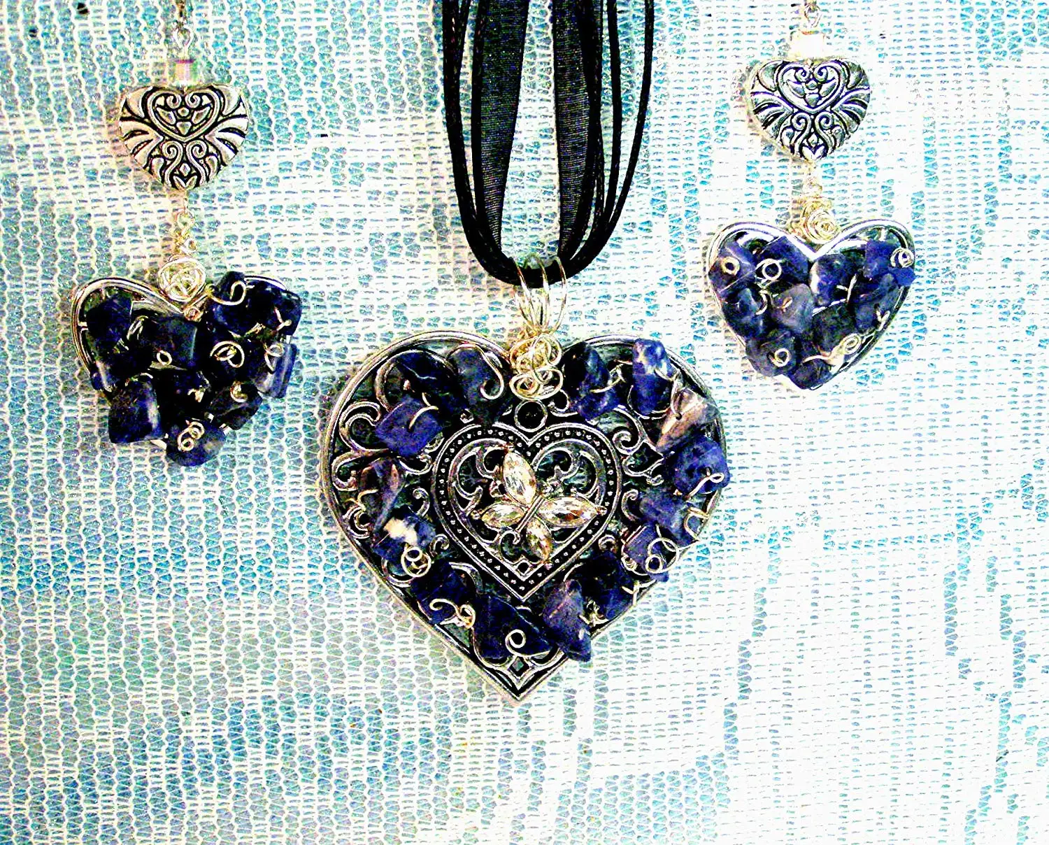 Silvertone Lapis Lazuli Necklace Pendant Large Blue Oval Teardrop Shape Pyrite Flecks