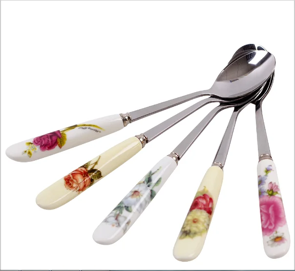 

Stainless Steel Ceramic Handle Tea Spoon Stir Coffee Spoon Honey Dessert Ice Cream Scoop, As the picture