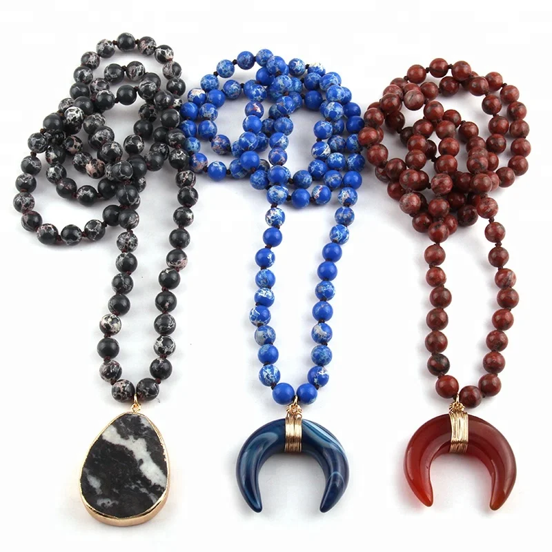 

Fashion Women Natural Blue Empire Stone Necklace Knotted Stone crescent moon Pendant Necklace gemstone necklace, 4 color