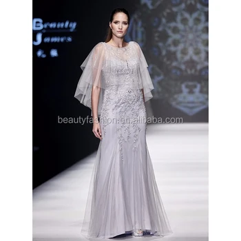 2017 B5283 Silver Color Floating Mesh Net Fabric Beaded Evening