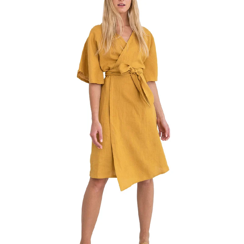 

2021 European And American Fashion Womens Elegant Short Sleeve Midi Linen Wrap Dress, Picture color