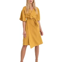 

2019 Womens Elegant Short Sleeve Midi Linen Wrap Dress