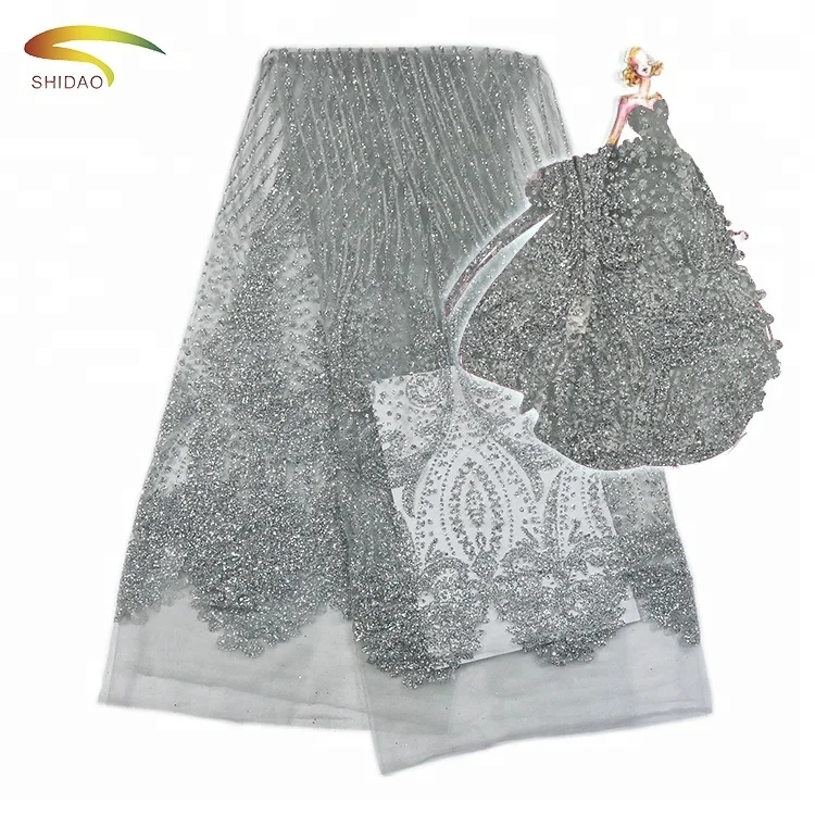 

Africa Hot Sales Grey Shinning Glitter powder net lace fabric With Shinning Pattern