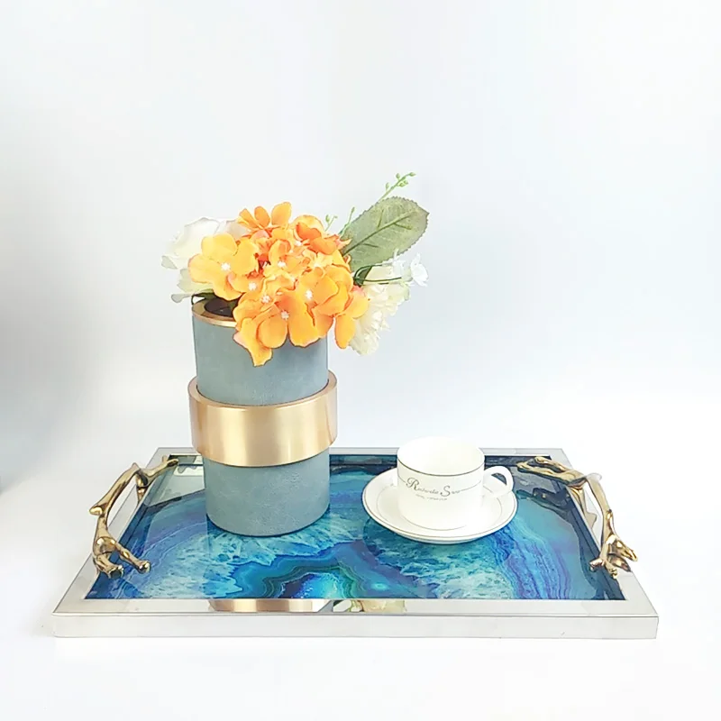 Table Decoration Tray Table Decoration Blue Agate Tray Gold Handle Tray