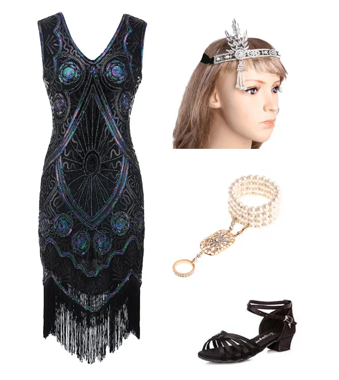 

ecowalson 1920s Gatsby Sequin Fringed Paisley Flapper Dress with 20s Accessories Set