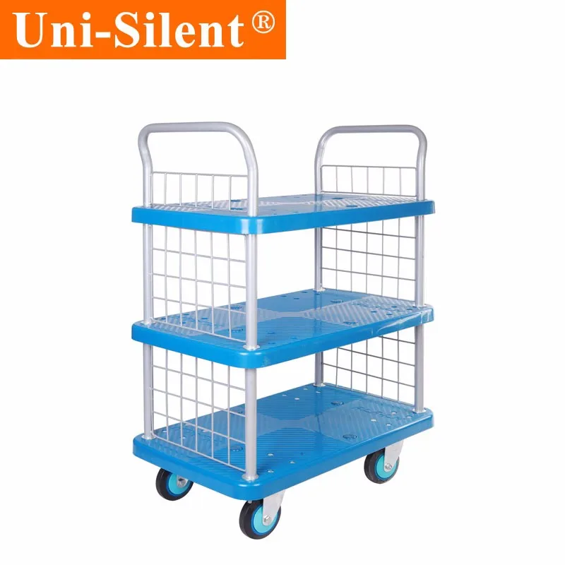 Unisilent 250kgs Plastic Hand Pull Cart School Use Flat 3 Tiers Moving