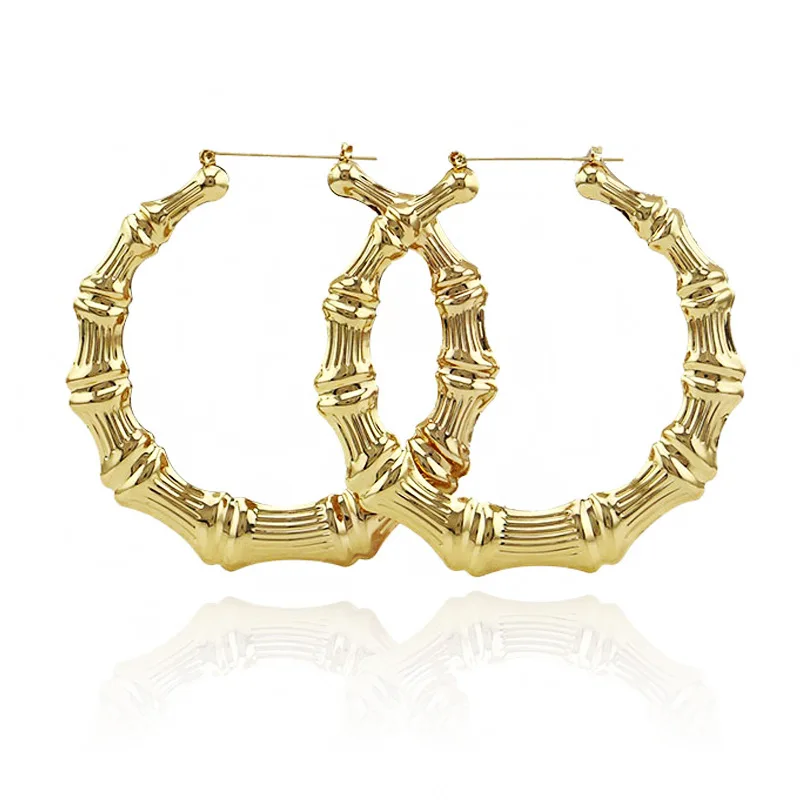 

18K Real Gold Rock Hop Style Large Bamboo Hoop Circle Earrings 75mm Big Bamboo Earrings, Picture