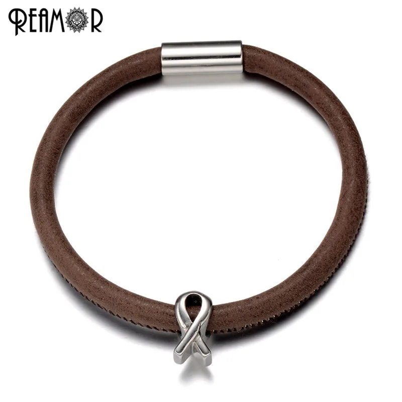 

REAMOR Simple Leather Breast Cancer Lucky Beads Leather Bracelet With Magnetic Clasp