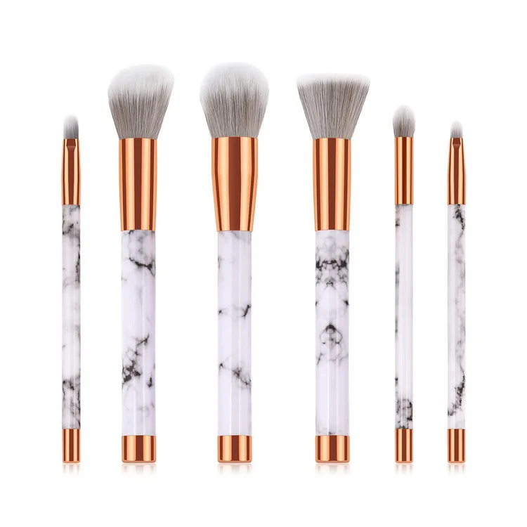 

6pcs New Arrival Super Fancy Plastic White Marble Handle Basic Face Beauty Makeup Brushes Set for Girls Gift, As pics