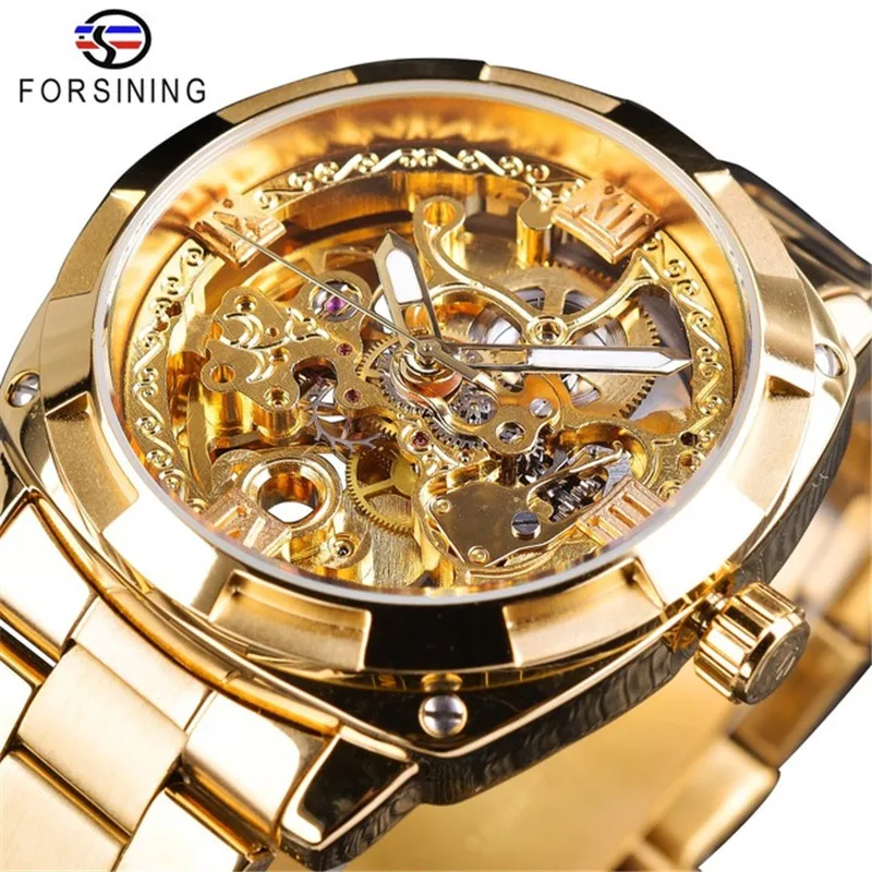 

Forsining Mechanical Steampunk Fashion Male Wristwatch Dress Men Watch Top Brand Luxury Stainless Steel Automatic Skeleton Watch, 3 colors
