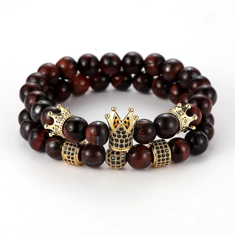

2Pcs/Set Elastic Natural Red Tiger Eye Stone Micro Pave CZ King Crown Bracelet Set Pulseras, Gold, silver, black, rose gold