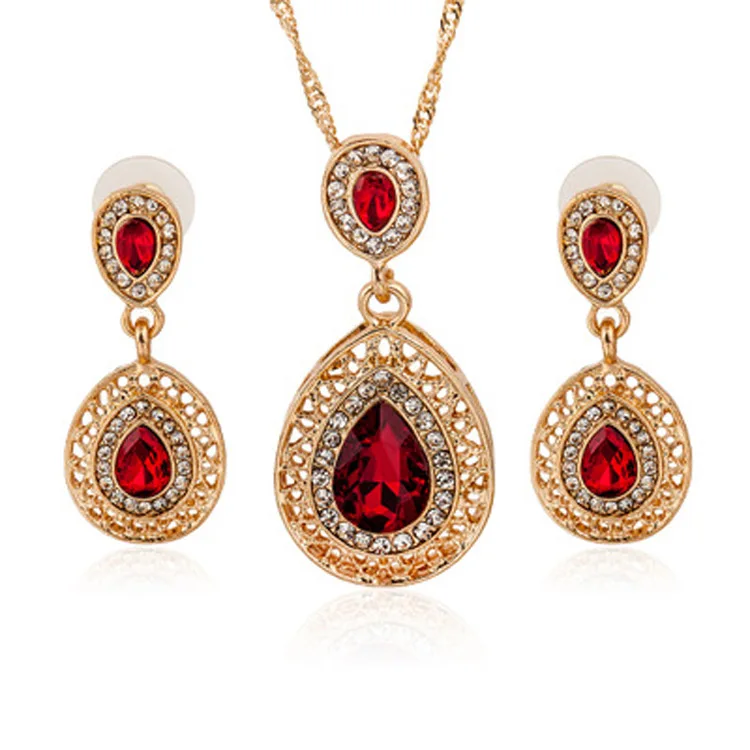 

Wholesale Clear Blue Red Green Crystal Gold Alloy Pendant Necklace And Earrings Jewelry Set for Bridal Women Girls, Blue red green gold