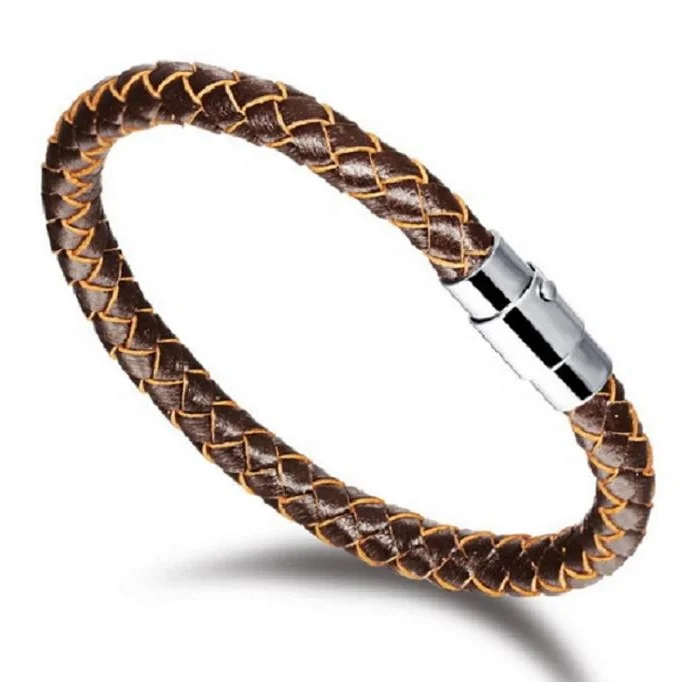 

2019 Hot Sale 316 Stainless Steel Simple Leather Bracelet Black Brown Color Multi Size Magetic Buckle Bracelet Unisex Men Women