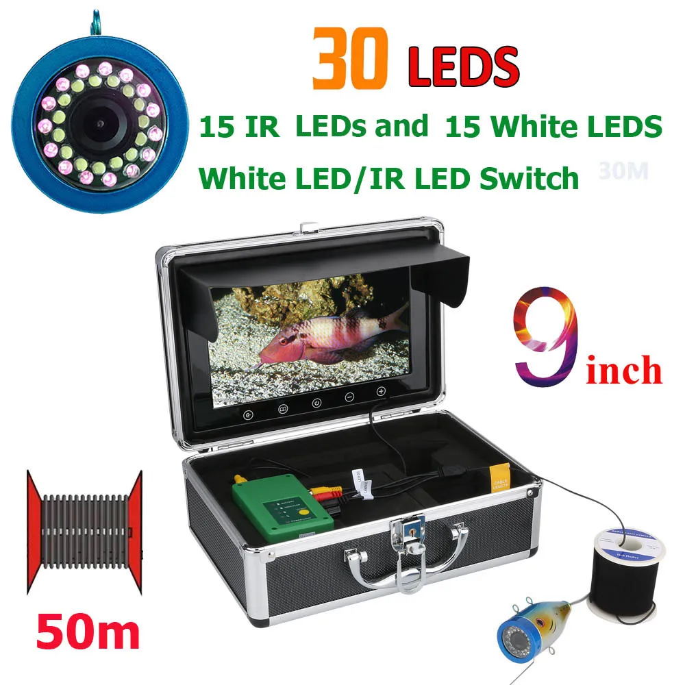 

9 Inch 50M 1000TVL Fish Finder Underwater Fishing Camera 15pcs White LEDs + 15pcs Infrared Lamp For Ice/Sea/River Fishing, Black