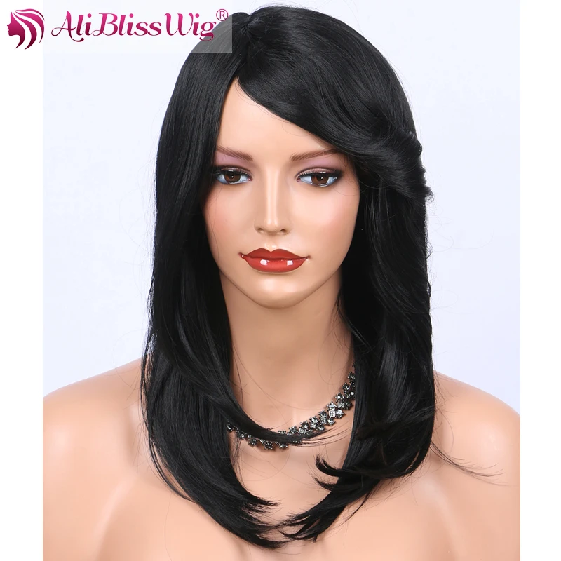 

Realistic Looking #1B Black Synthetic Wigs with Bangs for Black Women Short Natural Straight Full Machine Made None Lace Wig