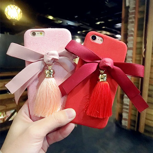 

2021 Soft TPU Shell New Luxury Girl Bow Tassels Pendant Back Cover Phone Case For iPhone 11 7 Plus 6 6S 8 Plus 6S Plus Bowknot