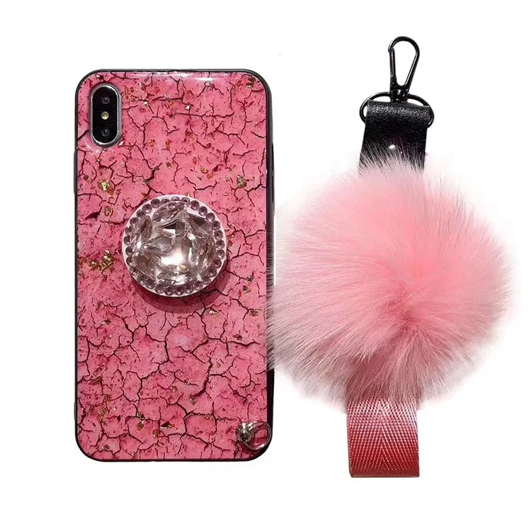 

TPU Soft Marbling Bling Phone Case with Finger Ring Holder and fur ball For iphone