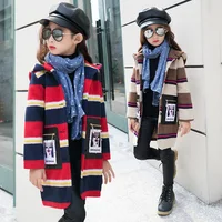 

Girl coat 2019 autumn and winter new windbreaker, big girl long woolen striped coat 5-9 years old